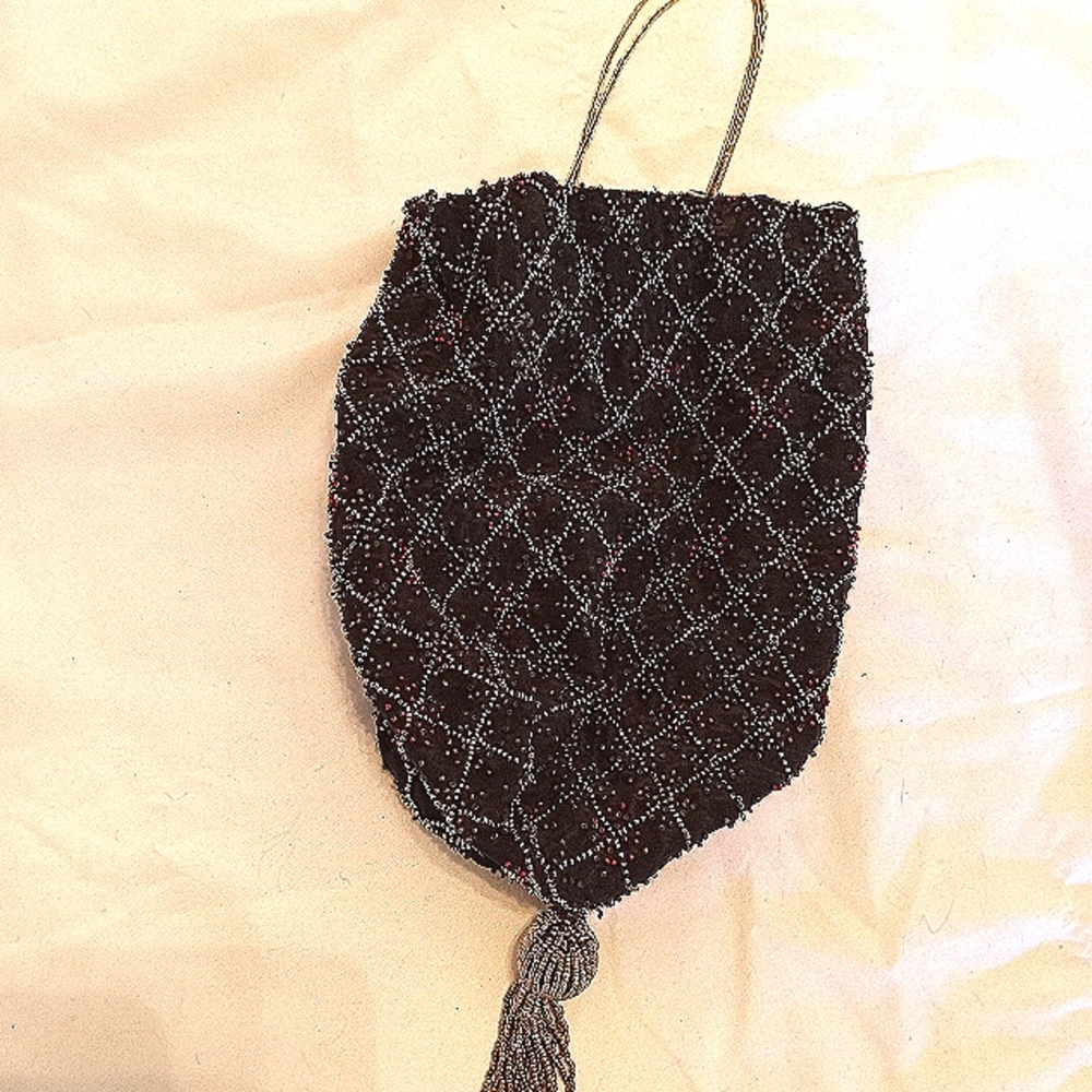 Vintage Elegant Black, Silver & Red Beaded Women's Bag with chain strap